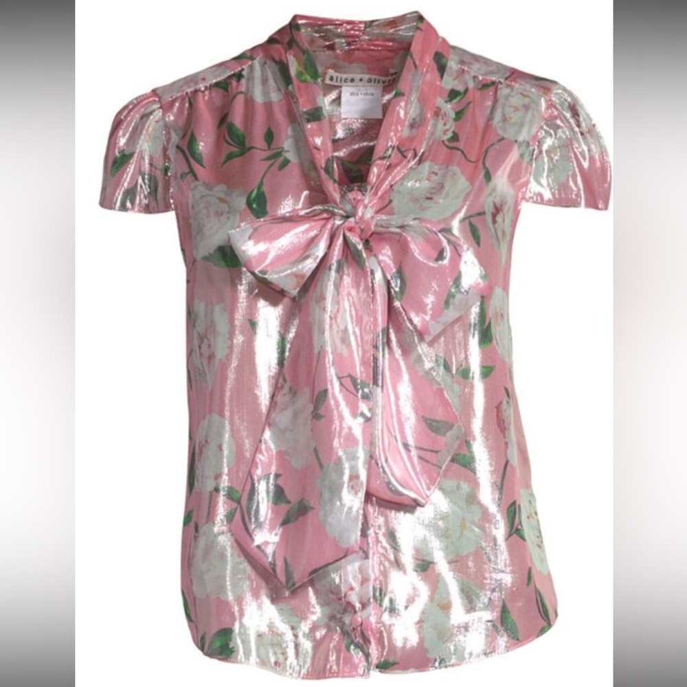 Alice Olivia Women's Jeannie Silk Floral Bow Blouse Top Sz M